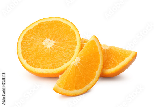Cut fresh ripe orange on white background
