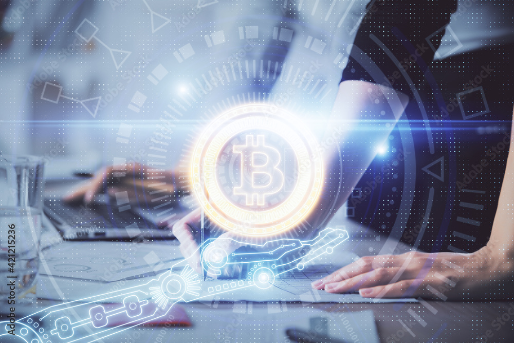 Double exposure of woman hands typing on computer and crypto market theme hologram drawing. Blockchain concept. Double exposure of woman hands typing on computer and crypto market theme hologram drawing. Blockchain concept.