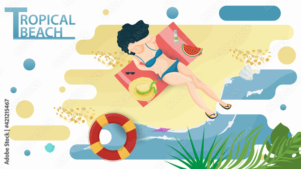 Vector illustration in a flat style on the theme of summer holidays and vacations on the shore of a tropical beach A girl in a swimsuit covers her face with her hand while lying on the seashore