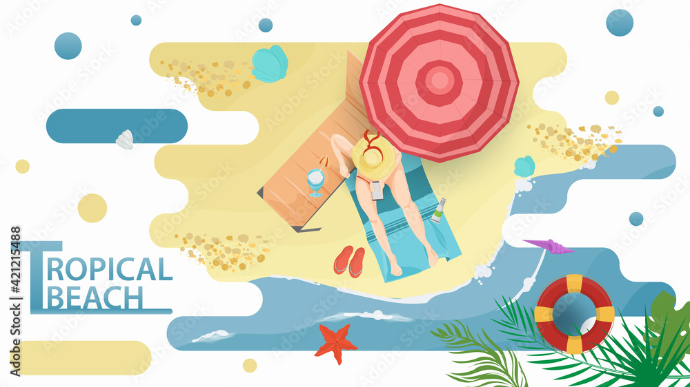 Vector illustration in a flat style on the theme of summer holidays and vacations on the shore of a tropical beach A girl with a phone sits next to a chaise longue on a mat on the beach