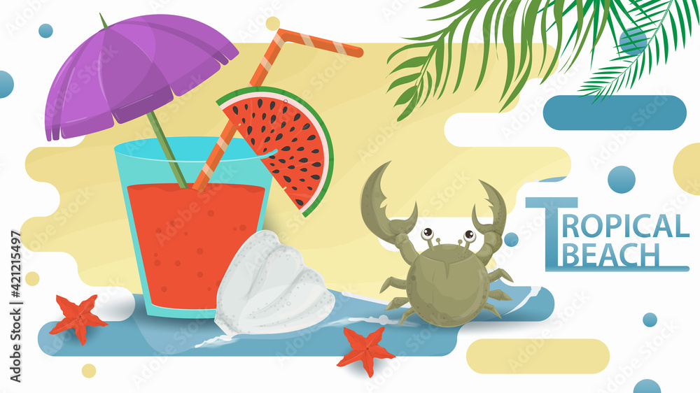 illustration in a flat style on the theme of summer holidays and vacations on the shore of a tropical beach A glass of juice an umbrella and a slice of watermelon stands on the shore of a sea beach