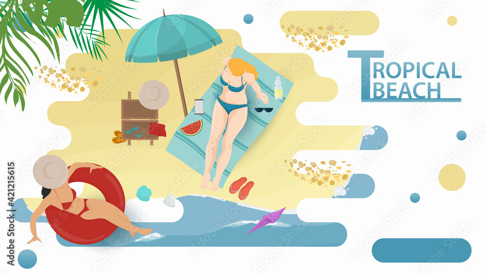 Vector illustration in a flat style on the theme of summer holidays and vacations on the shore of a tropical beach Two girls relax on the beach Vector illustration in a flat style on the theme of summer holidays and vacations on the shore of a tropical beach Two girls relax on the beach