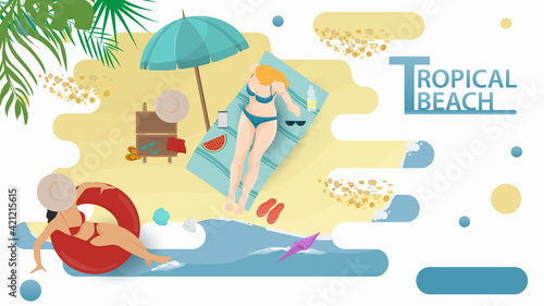 Vector illustration in a flat style on the theme of summer holidays and vacations on the shore of a tropical beach Two girls relax on the beach