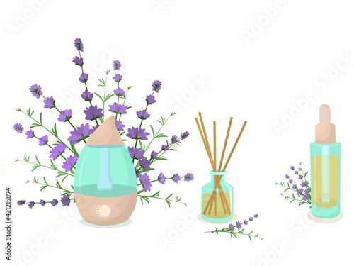 vector illustration of a humidifier diffuser, a fragrance with wooden sticks, and an aroma oil with lavender sprigs in the background. The concept of aromatherapy and healthy lifestyle