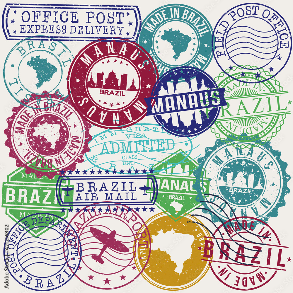 Manaus Brazil Set of Stamps. Travel Stamp. Made In Product. Design Seals Old Style Insignia.
