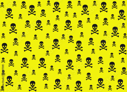Repetition of skull motifs for visual backgrounds that are creepy, dangerous, poisonous, life-threatening, isolated on yellow