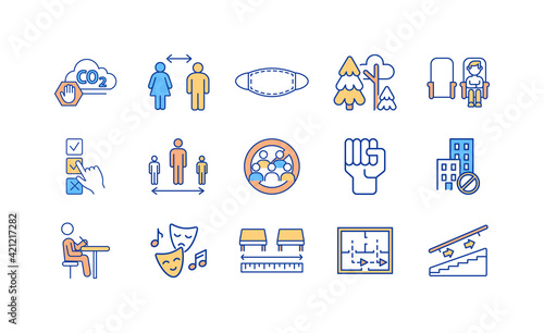 New normal RGB color icons set. Carbon emissions reduction. Social change. Face mask. Physical distance. Coronavirus outbreak. No mass events. Activism. Arts, culture. Isolated vector illustrations