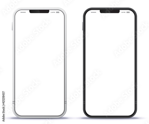 Mobile Phone Black and Silver Colored Design Concept. Vector Smartphone Mockup With Frameless White Screen. Isolated on Transparent Background. 