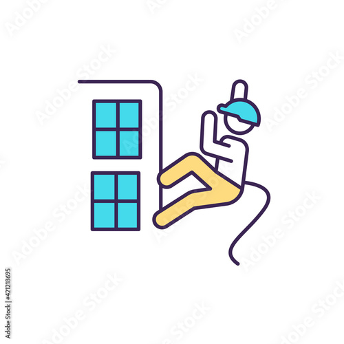 Falls on construction site RGB color icon. Unsafe conditions. Fall, slip accident. Serious damage in workplace. Fatalities in construction industry. Employee protection. Isolated vector illustration