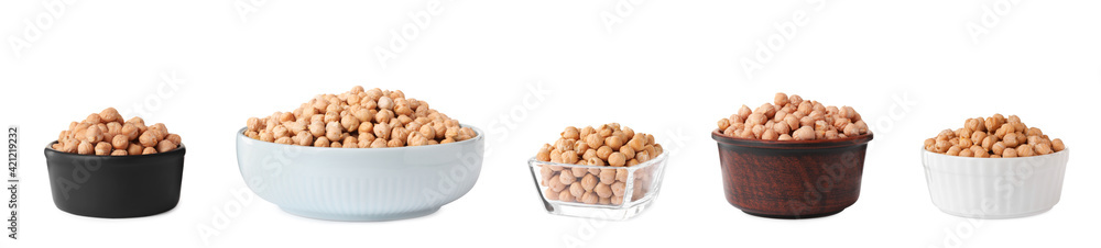 Set with raw chickpeas in bowls on white background. Banner design Set with raw chickpeas in bowls on white background. Banner design