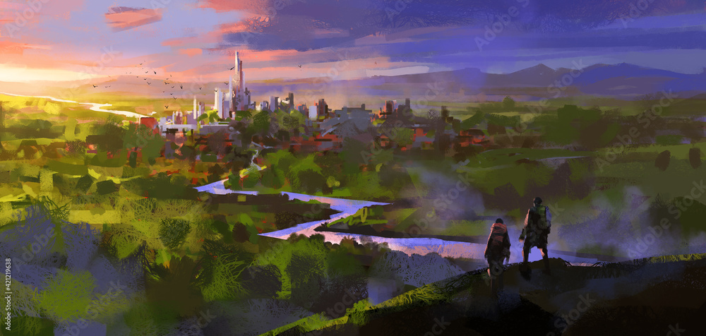 Φωτογραφία Two travelers discovered the ruins of the ancient city in the dense forest, 3D illustration