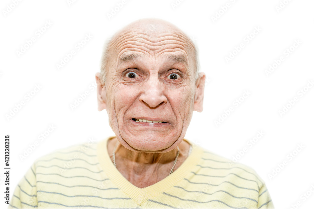 Elderly man with short grey hair and distorted face grimace Elderly man with short grey hair and distorted face grimace
