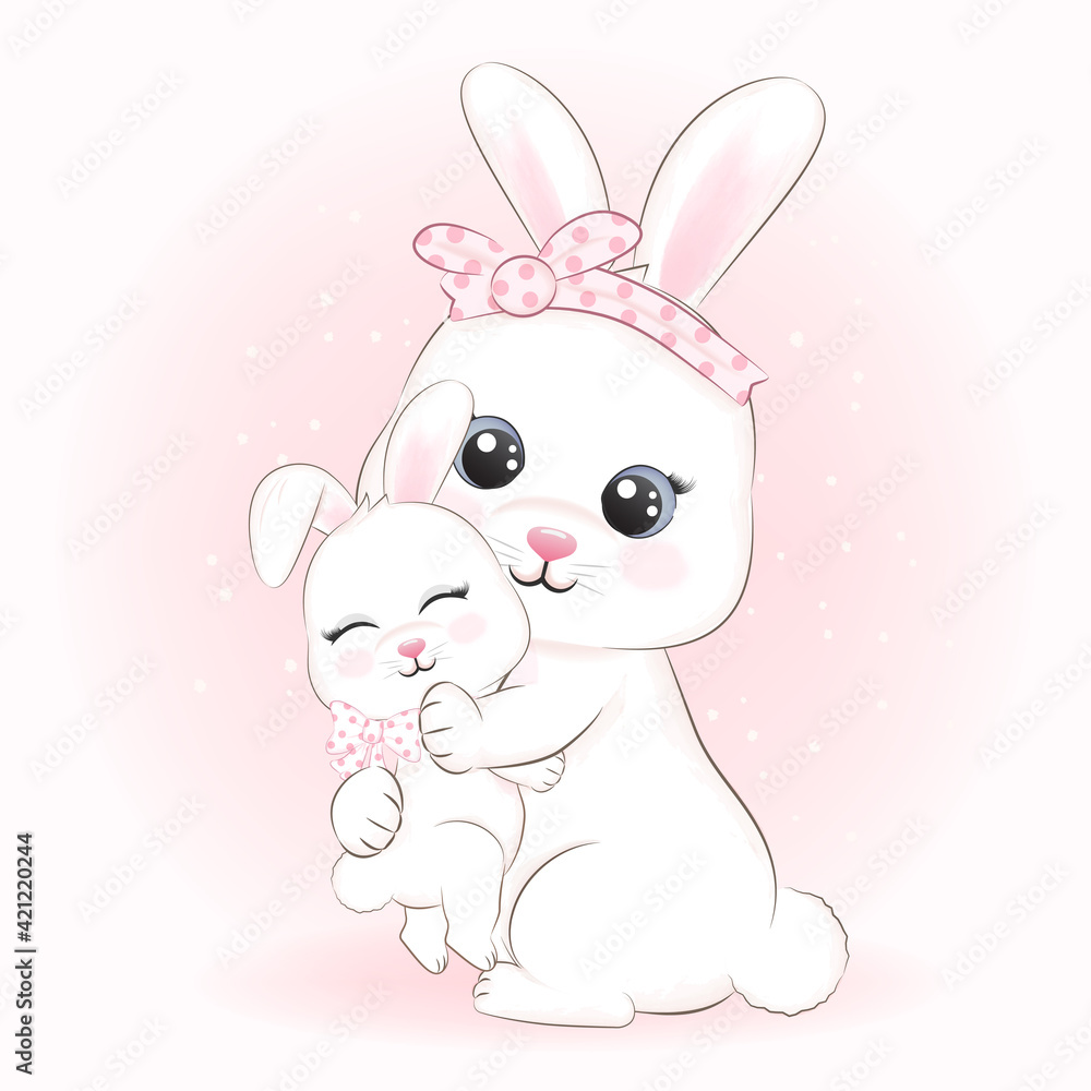 Cute Little rabbit and mom drawn cartoon animal watercolor illustration Cute Little rabbit and mom drawn cartoon animal watercolor illustration
