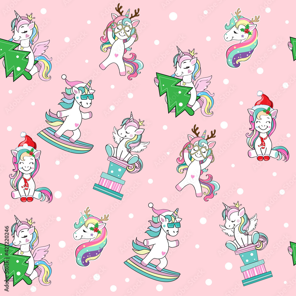 Christmas funny unicorns. Vector cartoon illustration seamless pattern on a pink background