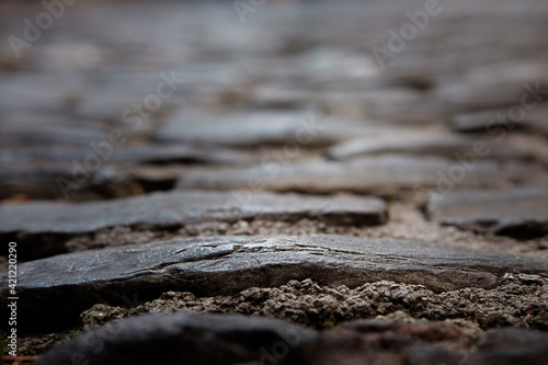 Close up view of old historic cobble in Pamplona.