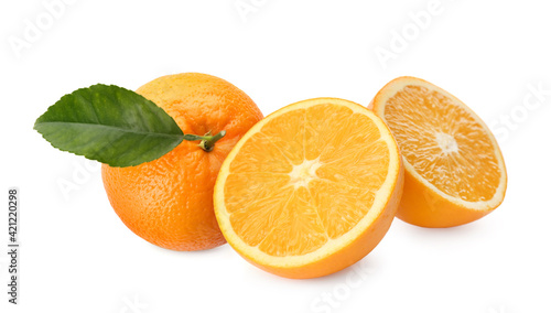 Tasty fresh ripe oranges on white background