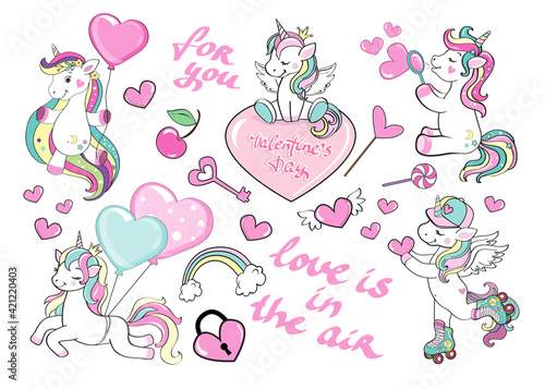 Collection of funny unicorns on a white background. Valentine's Day concept. Vector illustration cute animals for children. Stickers set