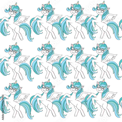 Cute unicorn with blue hair seamless pattern. Vector cartoon illustration isolated. Funny animals