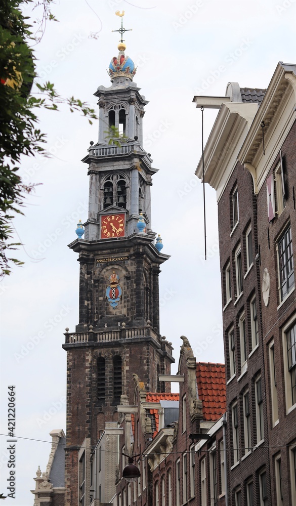 Amsterdam Jordaan Street View with Westerkerk Church Tower and Historic House Facades