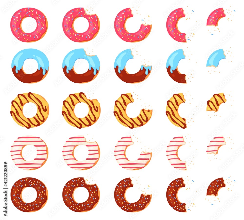 Eaten donut. Bitten chocolate donuts, pink icing with sprinkles top view. Animation stages of eating glazed doughnut with crumbs, vector set Eaten donut. Bitten chocolate donuts, pink icing with sprinkles top view. Animation stages of eating glazed doughnut with crumbs, vector set