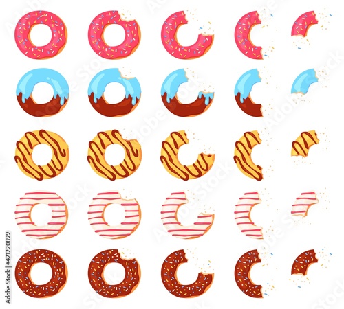 Eaten donut. Bitten chocolate donuts, pink icing with sprinkles top view. Animation stages of eating glazed doughnut with crumbs, vector set