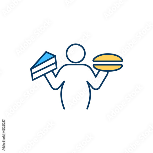 Bulimia nervosa RGB color icon. Changes in appetite. Psychological eating disorder. Consuming large food quantity. Unhealthy impact on body shape. Binge eating episodes. Isolated vector illustration