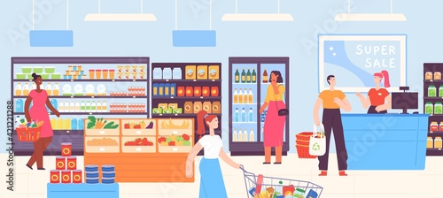 People in supermarket. Grocery shop interior with cashier and customers with carts and basket buying food. Cartoon mall store vector concept