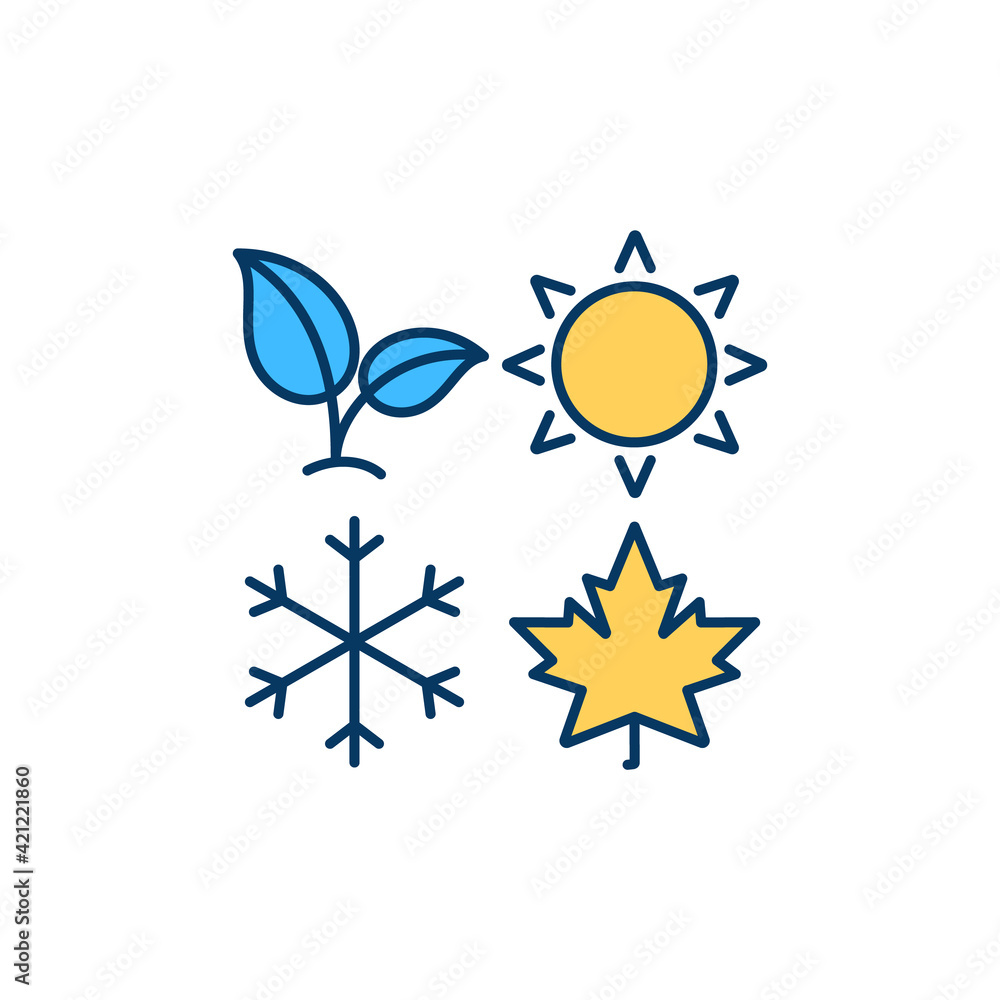 Seasons RGB color icon. Spring, winter, summer. Fall, autumn. Impact on ...