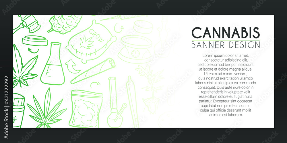 Cannabis Banner Doodle. Marijuana Background Hand drawn. Smoke Icons illustration. Vector Horizontal Design.