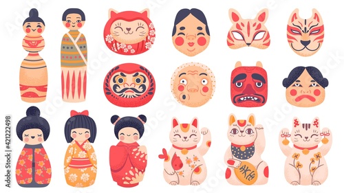 Japanese traditional toys. Daruma, kokeshi dolls, maneki neko lucky cat and mask from Japan. Cute cartoon asian culture symbols vector set