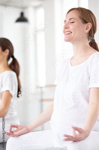 happy pregnant woman keep calm, namaste, during fitness training