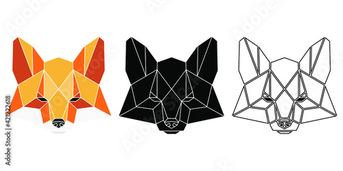 Abstract vector fox portrait in colour, black and outline variations. Totemic wild animals