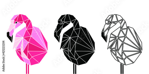 Abstract vector flamingo bird portrait in colour, black and outline variations. Totemic exotic birds
