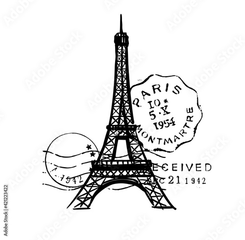 Sketch of Eiffel Tower with post stamps. Romantic symbol in France. Sightseeing landmark.