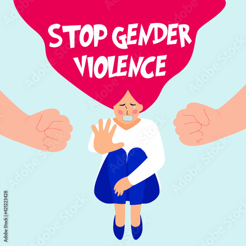 Flat abused girl character. Stop bullying women banner. Depressed young female flat background. Abuse children concept. Stop domestic gender violence. Gender inequality, solidarity concept. Vector.