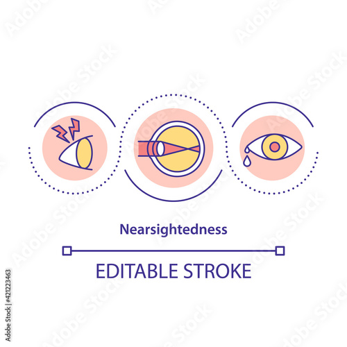 Nearsightedness concept icon. Vision condition idea thin line illustration. Blur with eyeglasses. Contact lenses and refractive surgery. Vector isolated outline RGB color drawing. Editable stroke