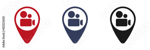 Video camera icon. Map label. Interface element to illustrate mobile concepts and web applications. Thin glyph icon for website design and development, app development. Illustration