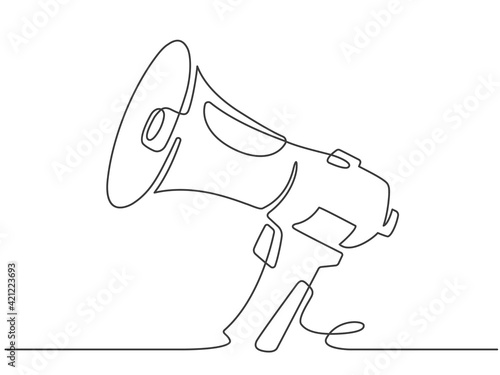 Continuous line megaphone. Marketing promotion banner with loudspeaker or horn speaker. Attention, offer or alert announcement vector symbol