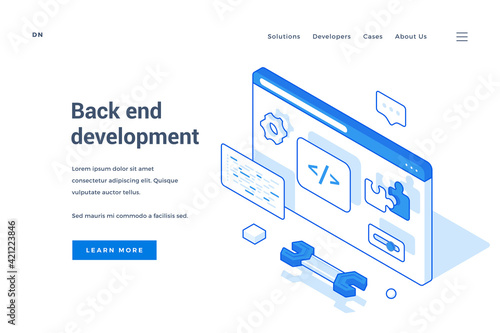 Website of back end interface development in isometric style