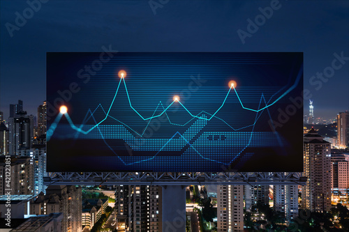 Canvas Print FOREX graph hologram on billboard, aerial night panoramic cityscape of Kuala Lumpur