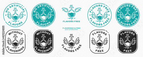 Concept for product packaging. Labeling - no artificial flavors. A chemical flask with wings and scent lines is a symbol of freedom from the ingredient. Vector elements.