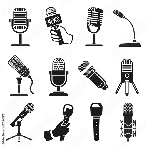 Microphone silhouette. Modern and old vintage mic icons. Music or podcast recording. Logo element for karaoke and radio broadcast vector set
