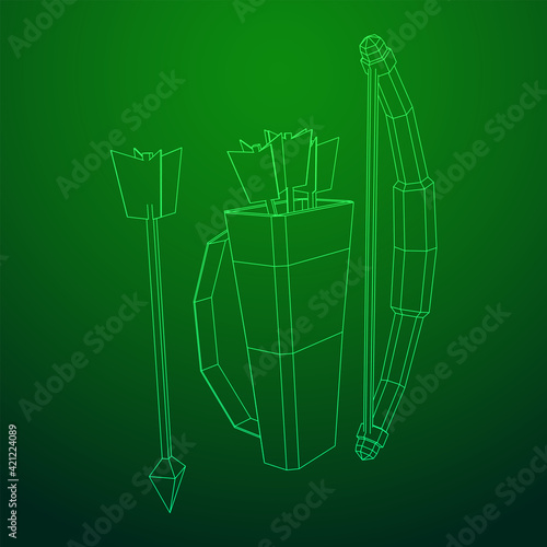 Medieval Bow and arrow archer weapon. Wireframe low poly mesh