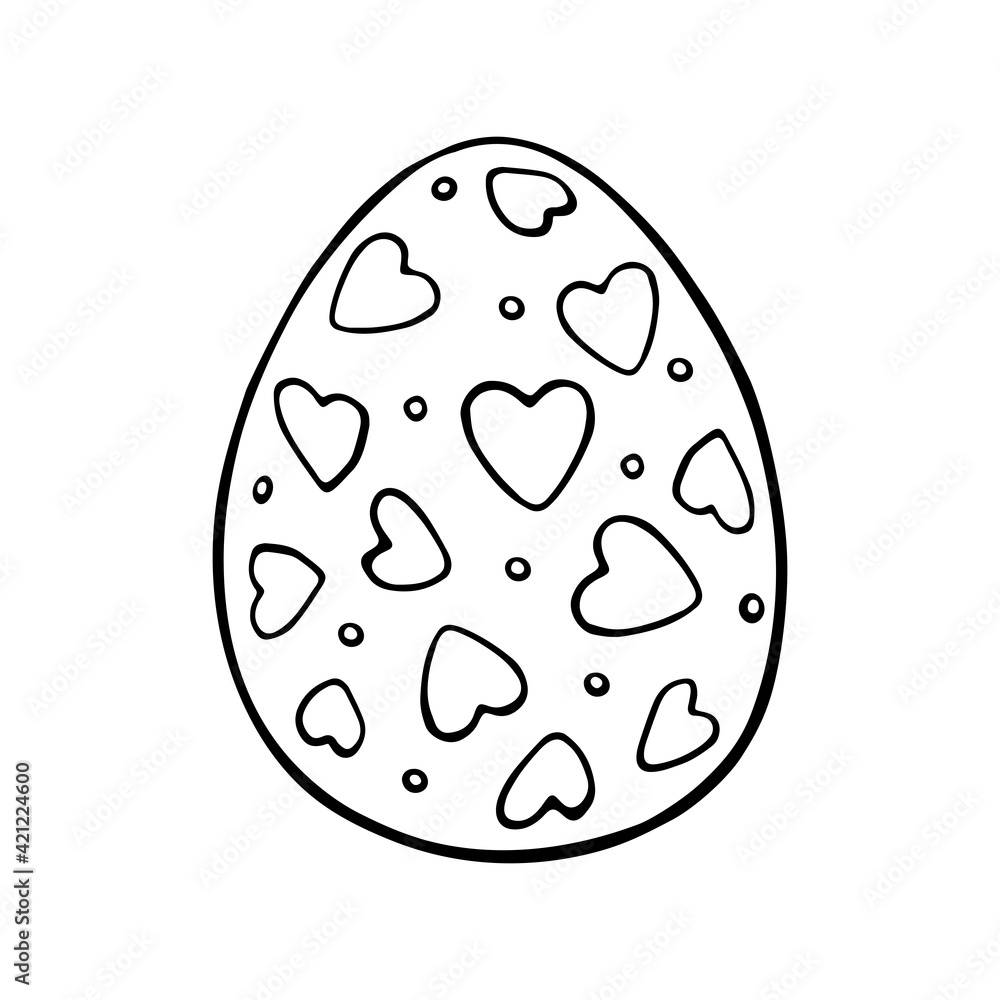 Vector black outline easter egg with hearts. Holiday illustration in hand drawn doodle style for gift card certificate banner sticker, stamp, logo, icon label, coloring book page Vector black outline easter egg with hearts. Holiday illustration in hand drawn doodle style for gift card certificate banner sticker, stamp, logo, icon label, coloring book page
