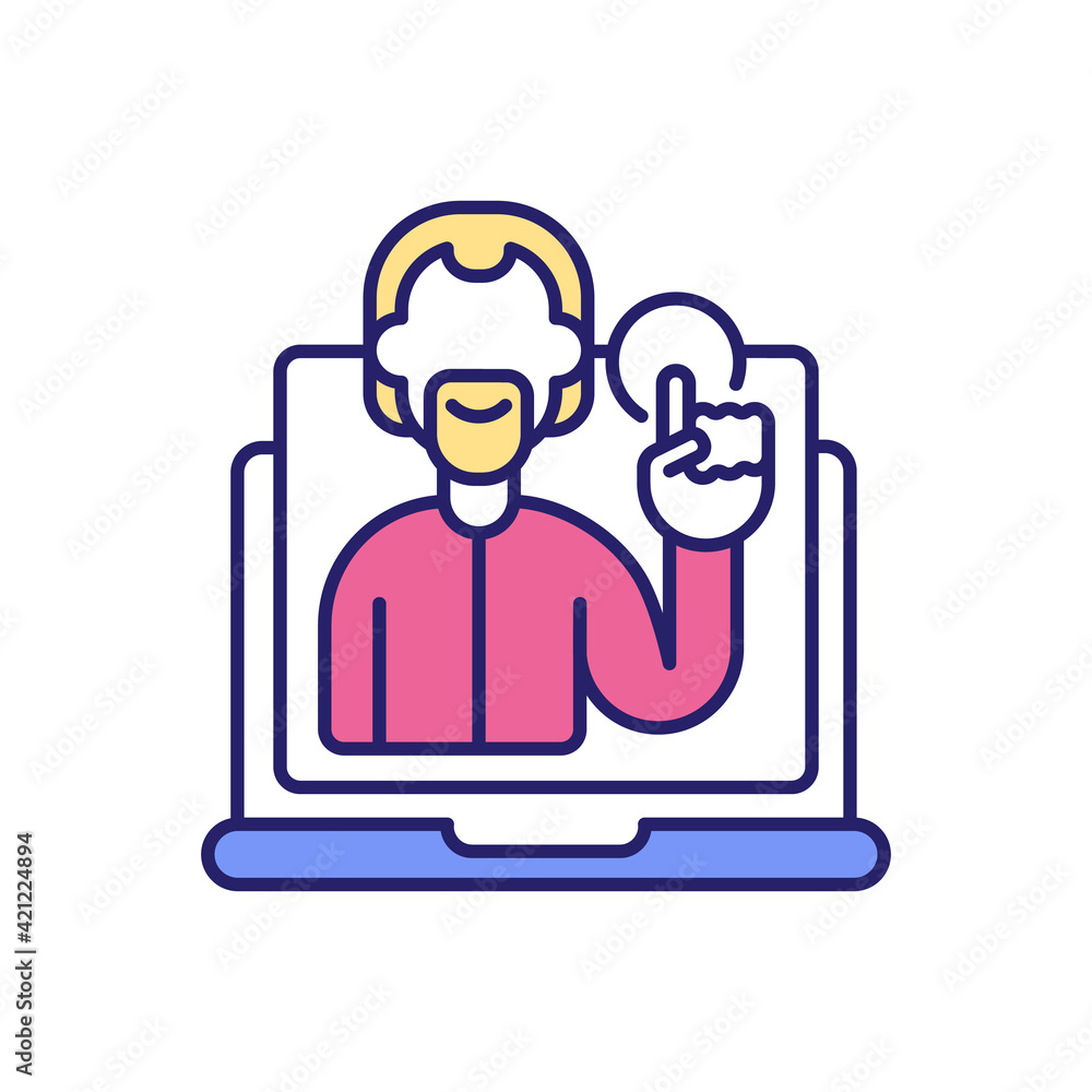 Listening to motivational information of mentor RGB color icon. Coaching and mentoring. Leadership and mentorship. Inspirational blog and video. Motivation. Isolated vector illustration