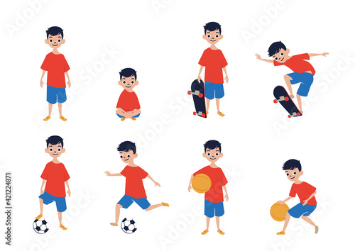 Boys playing sports set. Children play skateboard, soccer, basketball with ball isolated on white background