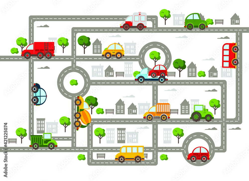 Baby City map with roads, cars, transport, trees and houses. Flat vector illustration.