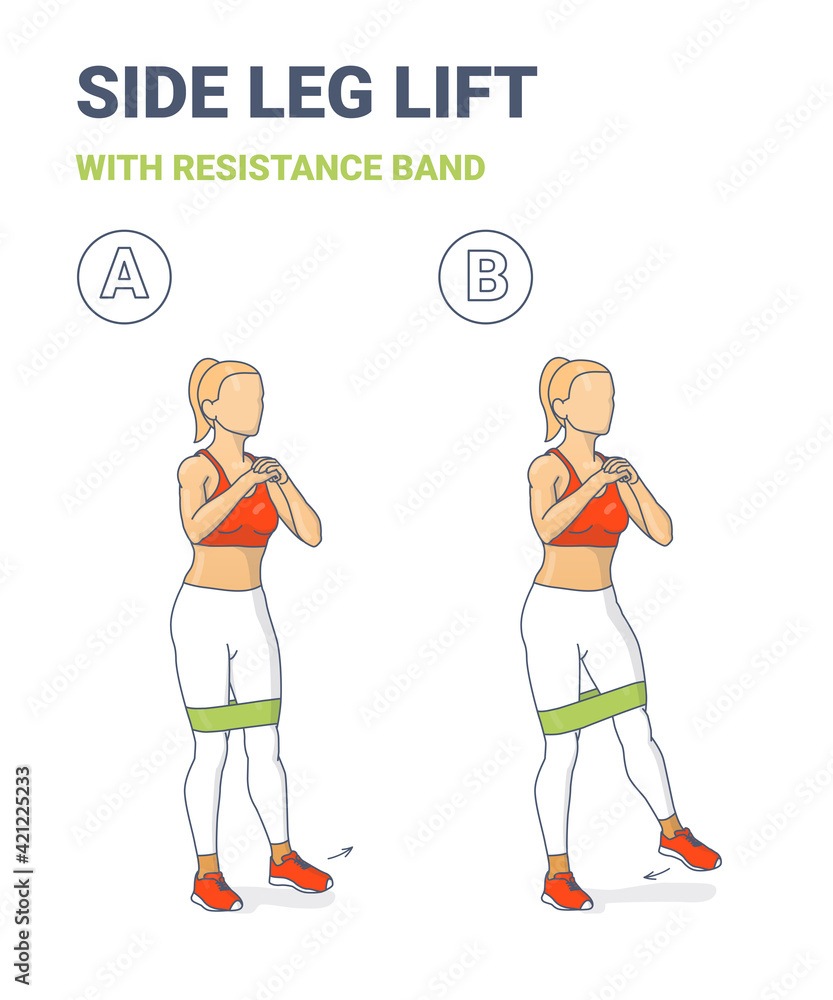 Standing Side Leg Lifts with Resistance Band Female Home Workout Exercise Guidance Colorful Concept. Standing Side Leg Lifts with Resistance Band Female Home Workout Exercise Guidance Colorful Concept.