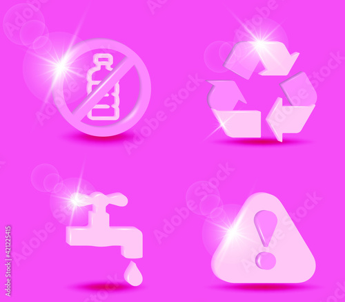 Set of environmental icons. Circular arrow, No plastic bottle, water tap dripping with water drop, Exclamation mark of warning attention icon. 3d vector illustration.