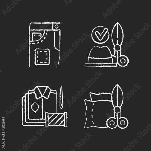 Clothing alteration service chalk white icons set on black background. Hat and headwear. Bulk order. Upholstery  garment restoration. Clothes repair workshop. Isolated vector chalkboard illustrations